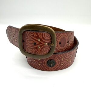 Fossil Womens Brown Leather Beaded Patchwork Boho Belt Medium Paisley Turquoise